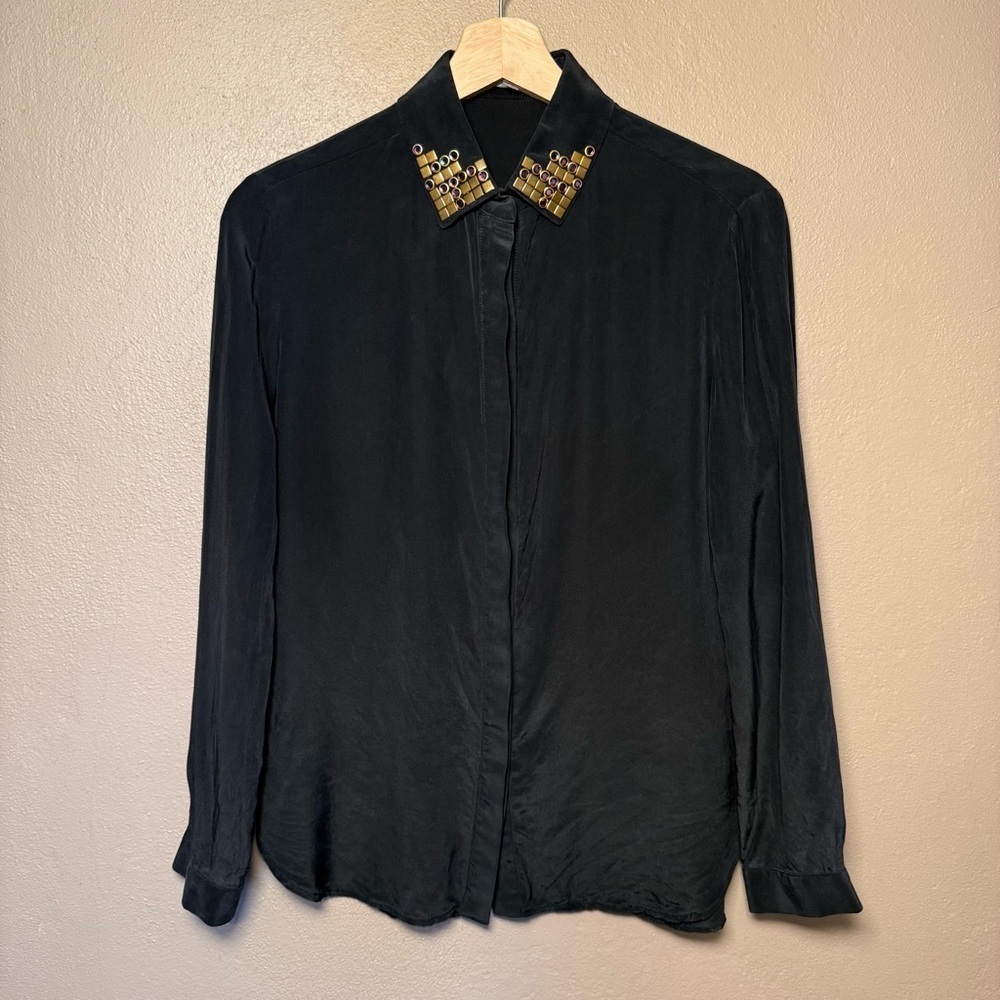 Amanda Uprichard Black Long Sleeve 100% Silk Blouse w/ Embellished Collar Small